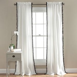 White Curtains with Black Pom-pom Trims by Lush Décor